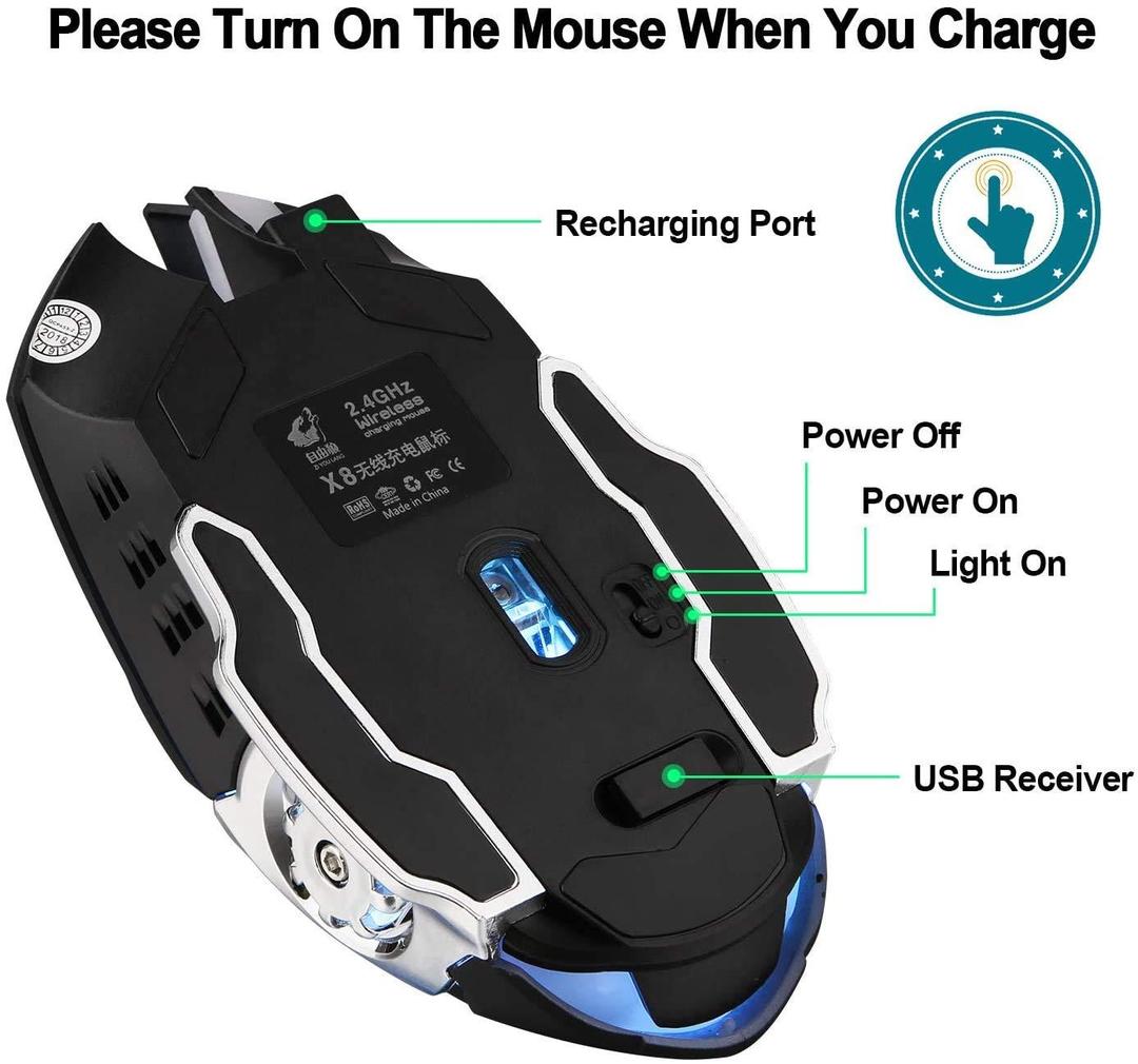 T2 Slient Wireless Gaming Mouse Rechargeable USB-C Port